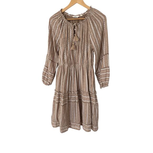 Destination 365 Long Sleeve Split Neck Dress 100% Cotton Tan White Small Petite - Picture 1 of 7